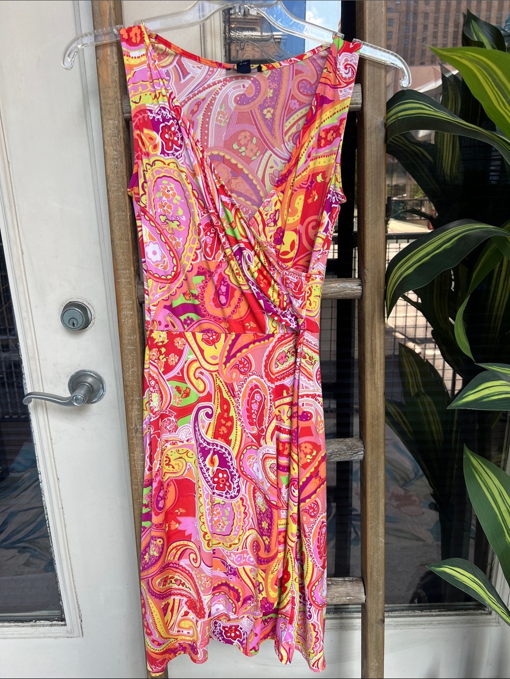 Chaps Pink & Orange Paisley Midi Wrap Dress